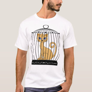 Funny Cat Trapped Birdcage Humour Art T-Shirt