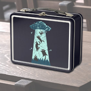 Funny Cat UFO Alien Abduction Metal Lunch Box