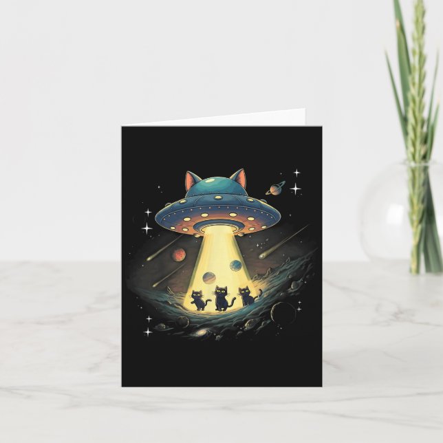 Funny Cat Ufo Cute Kitty Space Spaceship Alien Aes Card (Front)