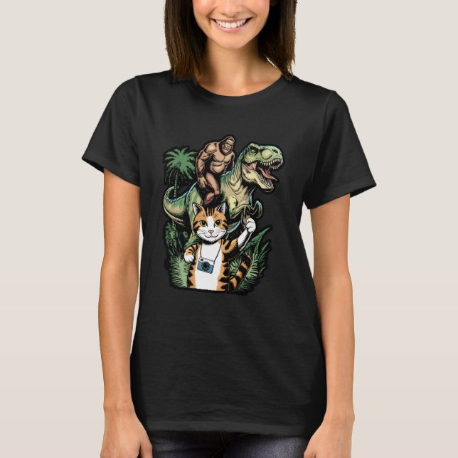 Funny Cat UFO Dinosaur Meme T-Shirt (Front)