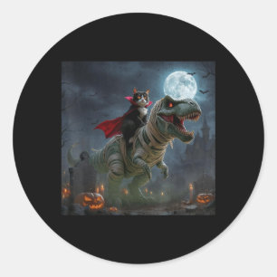 Funny Cat Vampire Riding a T-Rex Cute Halloween Classic Round Sticker