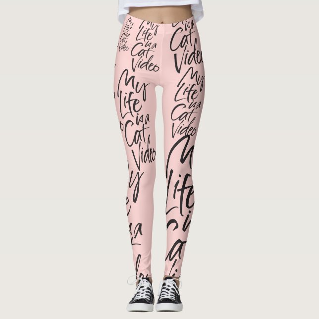 Funny Cat Video Black Lettering Paris Blush Pink Leggings (Front)