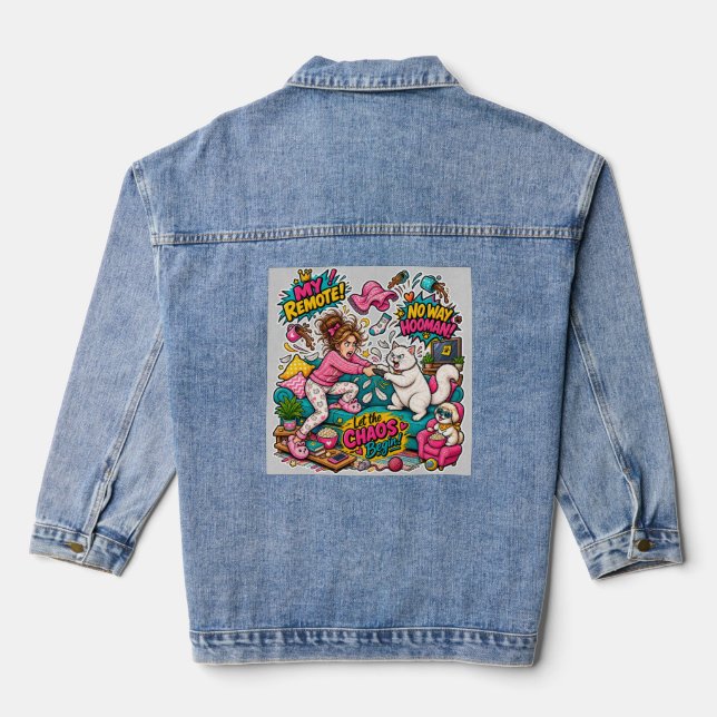 Funny Cat vs Human Remote Battle Crazy Cartoon Denim Jacket (Back)