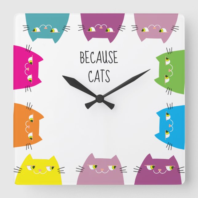 Funny Cat Wall Clock Colourful Cute (Front)