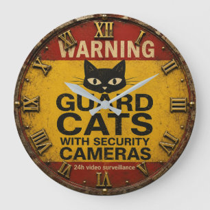 Funny Cat Warning Sign Large Clock
