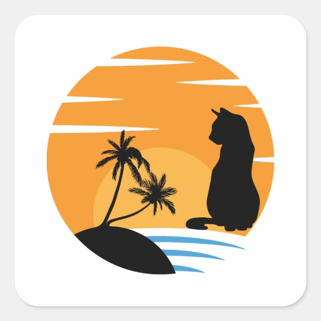 Funny Cat Watching Sunset scene - Black Cat Sunset Square Sticker (Front)