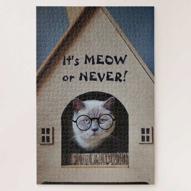 Funny Cat Wearing Glasses It's Meow or Never Quote Jigsaw Puzzle (Vertical)