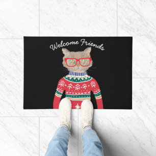 Funny Cat Wearing Glasses, Ugly Christmas Sweater Doormat