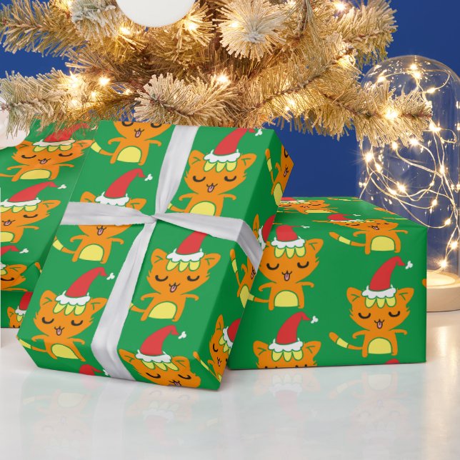 Funny Cat Wearing Santa Hat Christmas Cat Pattern Wrapping Paper (Holidays)