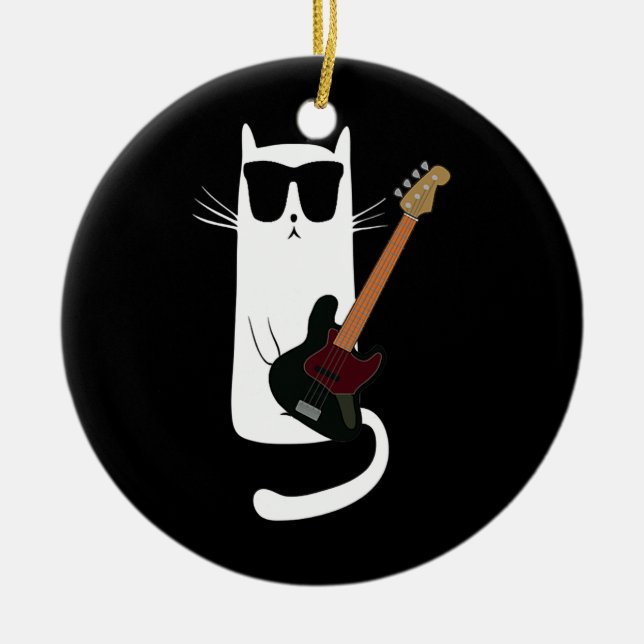 Funny Cat Wearing Sunglasses Playing Bass Guitar  Ceramic Ornament (Front)