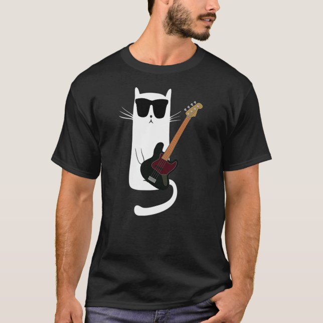 Funny Cat Wearing Sunglasses Playing Bass Guitar T-Shirt (Front)