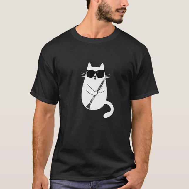 Funny Cat Wearing Sunglasses Playing Clarinet Musi T-Shirt (Front)