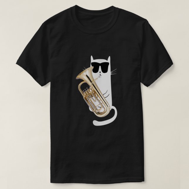 Funny Cat Wearing Sunglasses Playing Euphonium  T-Shirt (Design Front)