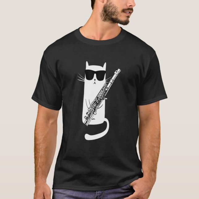 Funny Cat Wearing Sunglasses Playing Flute T-Shirt (Front)