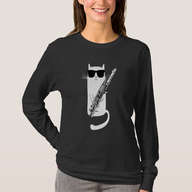 Funny Cat Wearing Sunglasses Playing Flute T-Shirt (Front)