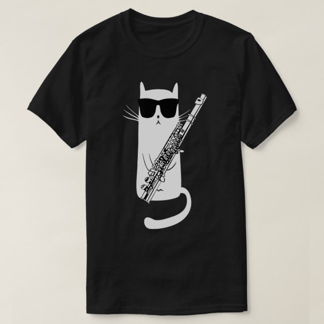 Funny Cat Wearing Sunglasses Playing Flute  T-Shirt (Design Front)