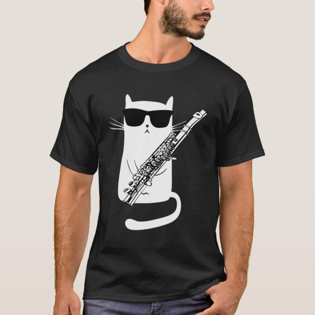 Funny Cat Wearing Sunglasses Playing Flute T-Shirt (Front)