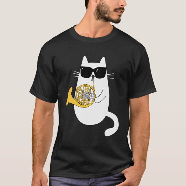Funny Cat Wearing Sunglasses Playing French Horn M T-Shirt (Front)