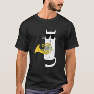 Funny Cat Wearing Sunglasses Playing French Horn T-Shirt