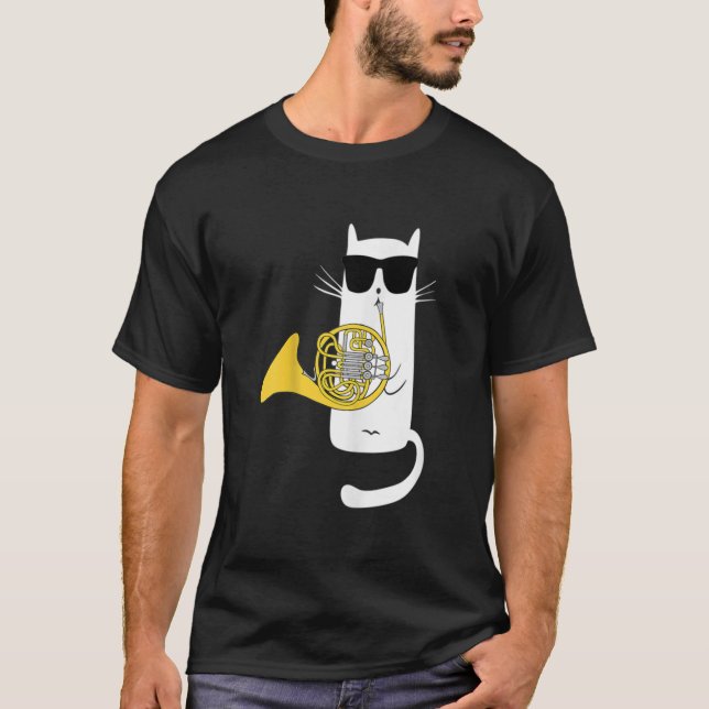 Funny Cat Wearing Sunglasses Playing French Horn  T-Shirt (Front)