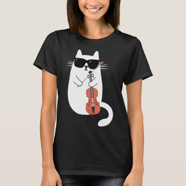 Funny Cat Wearing Sunglasses Playing Violin Viola  T-Shirt (Front)