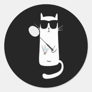 Funny Cat Wearing Sungles Playing Dminton  Classic Round Sticker
