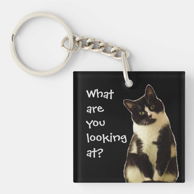 Funny Cat "What are you looking at!" Key Ring (Front)
