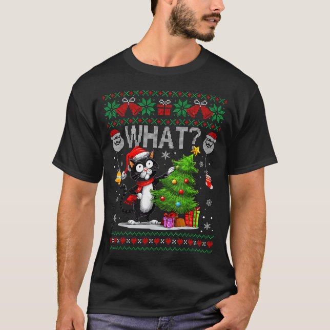 Funny Cat What Black Cat Christmas Tree Ugly Xmas  T-Shirt (Front)