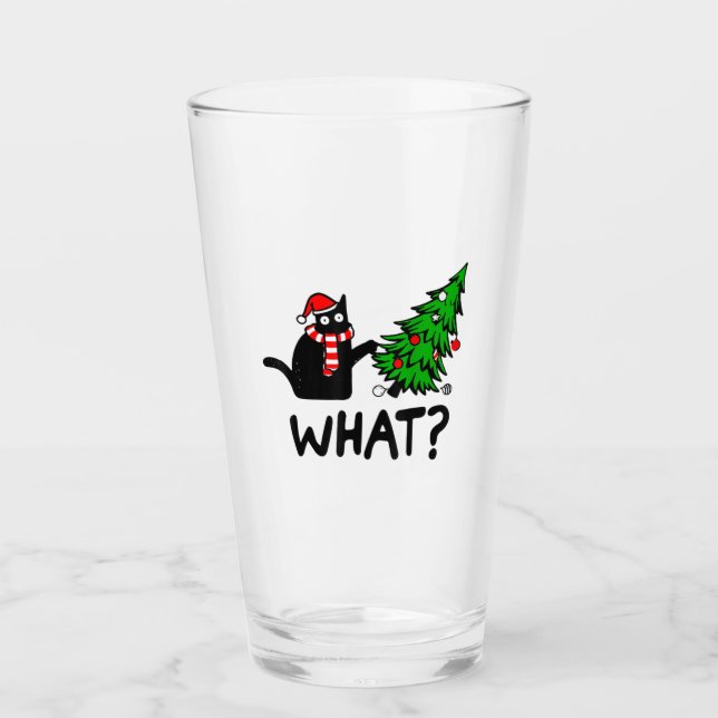 Funny Cat What Black Cat Pushing Christmas Tree T- Glass (Front)