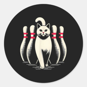 Funny Cat White Playing Bowling Retro Vintage Stri Classic Round Sticker