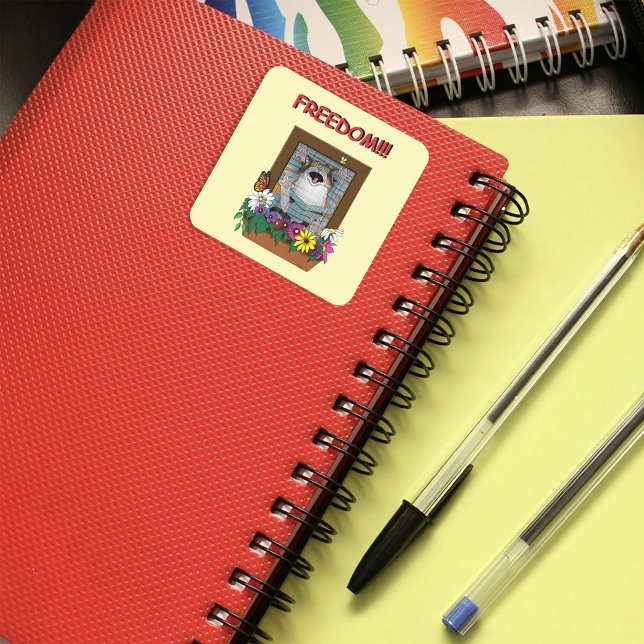 Funny Cat Window Yellow Freedom Square Sticker (Creator Uploaded)