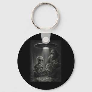 Funny Cat With Alien And Bigfoot Eating Pizza Ufo  Key Ring
