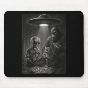 Funny Cat With Alien And Bigfoot Eating Pizza Ufo  Mouse Pad