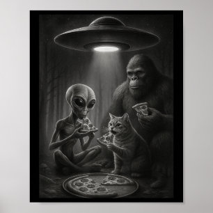 Funny Cat With Alien And Bigfoot Eating Pizza Ufo Poster