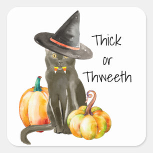 Funny Cat with Candy Corn Teeth and a Witch's Hat Square Sticker