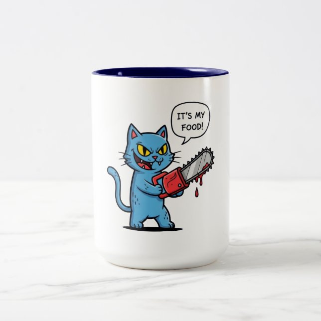 Funny Cat with Chainsaw Two-Tone Coffee Mug (Center)