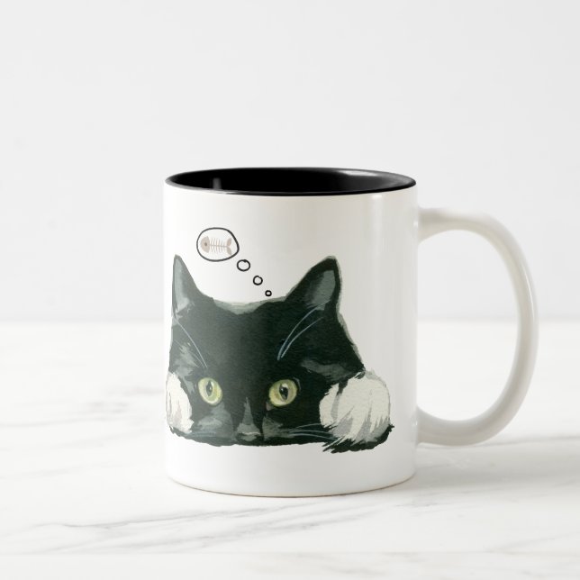funny cat with fishbones coffee mug black white (Right)