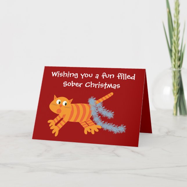 Funny Cat With Tinsel Sobriety Christmas Card (Front)