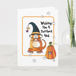 Funny Cat with Witch's Hat Halloween Card
