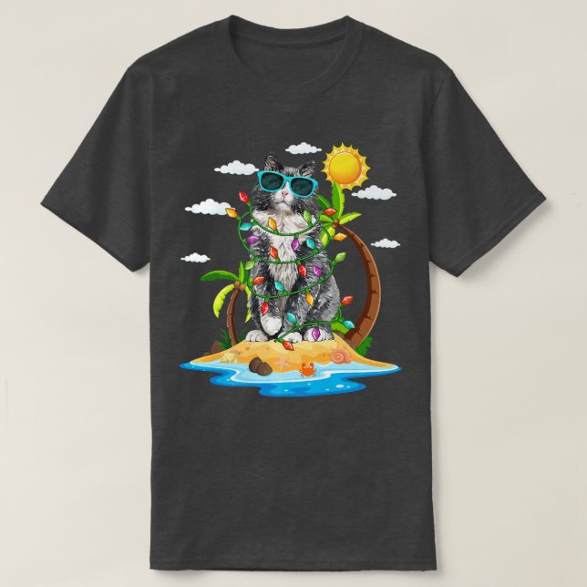 Funny Cat With Xmas Lights Summer Vibes Christmas  T-Shirt (Design Front)