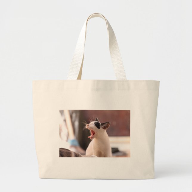 Funny Cat Yawning Large Tote Bag (Front)