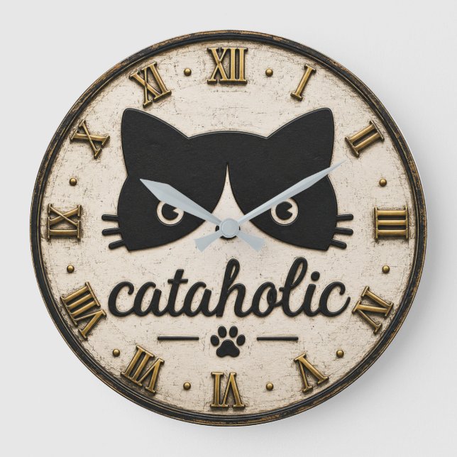 Funny Cataholic Cat Large Clock (Front)