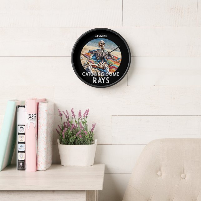Funny Catching Some Rays Skeleton  T-Shirt Clock (Reading Room)