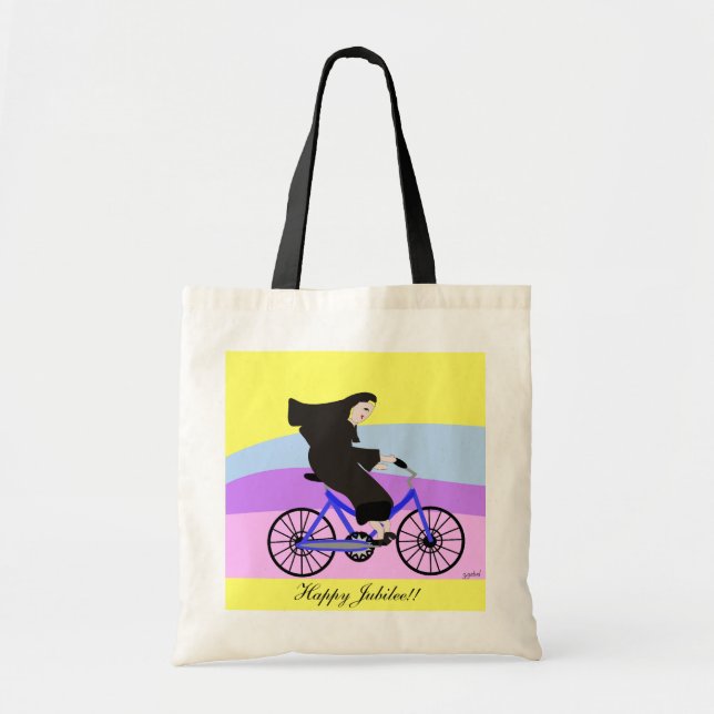 Funny Catholic Nun Jubilee Gifts "Nun on a Bike" Tote Bag (Front)