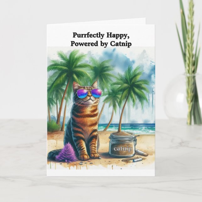 Funny Catnip "Be Happy" Cat Folded Greeting Card (Front)