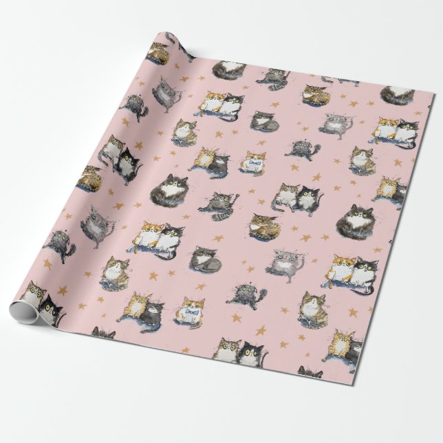 Funny Cats amongst the stars on pink cat patterned Wrapping Paper (Unrolled)