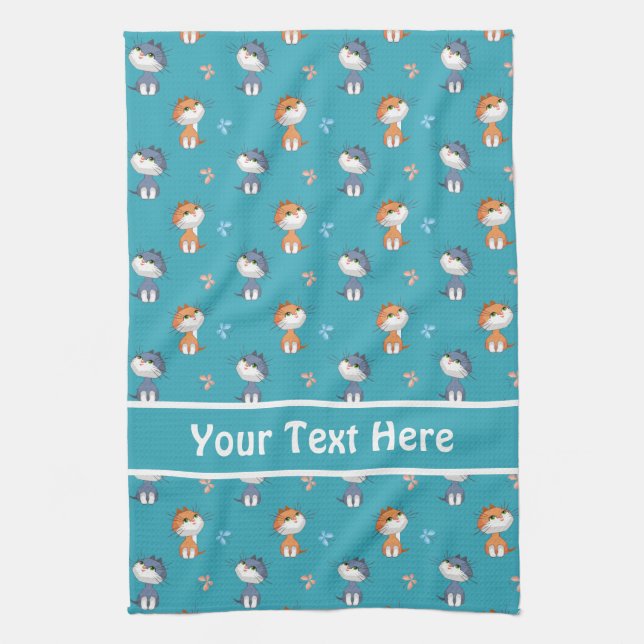 Funny Cats and Cute Butterflies Pattern Tea Towel (Vertical)