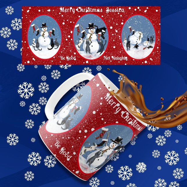 Funny Cats and Snowman Red Personalised Coffee Mug (A holiday mug that tells a cat tale about curious cats playing with a snowman. Naughty or nice?)