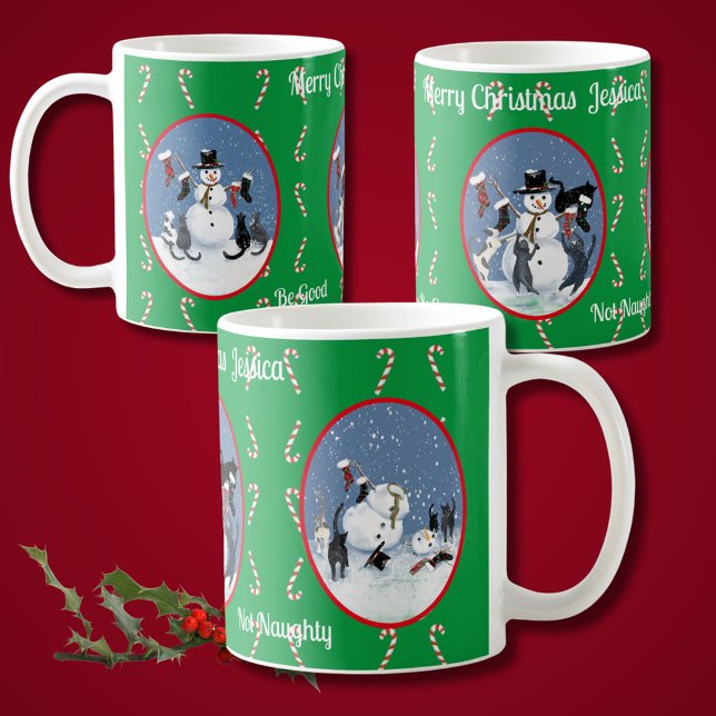 Funny Cats and Snowman Tale Personalised Coffee Mug (A winters story of curious cats and a snowman in 3 vintage ovals. Perfect convo starter)