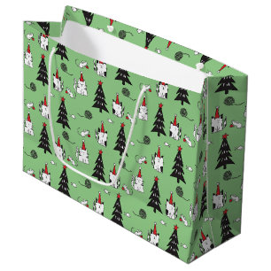 Funny Cats Christmas pattern green Large Gift Bag